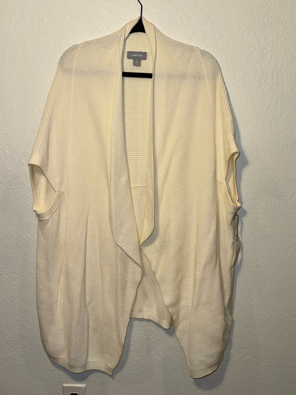 Lands’ End Ivory Waffle Knit Draped Asymmetrical Open Cotton Cardigan NEW Large